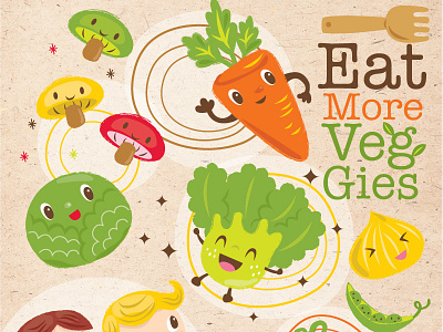 Eat More Veggies! cabbage carrot children eat illustration kids lettuce mushrooms onion peas tomato veggies