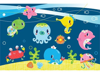 Animal game designs character children design dolphin game illustration jellyfish kids octopus sea turtle whale