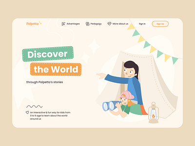 Educational platform for children binoculars camp children cover education family flashlight icon illustration kids landing page learning mentalstack parent play tent title travel trip web