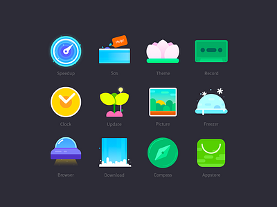 Icons appstore browser clock compass download phone picture record sos speedup theme update