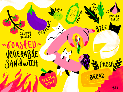 Food Illustration - Roasted Vegetable Sandwich banner cat colorful colors digital illustration digitalart editorial food illustration typography