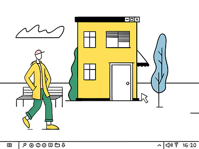 Wandering through my computer 2d animation animation frame by frame guy houses illustration illustration art motion motion graphic stay at home walk walk cycle windows