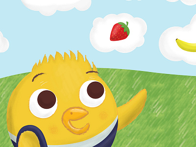 Chicken Thinking About Strawberry banana cartoon chicken children cute illustration little small strawberry yellow