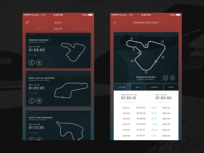 Automotive App - Racing Info app automotive car color infographic interface ios minimal red ui ux visual