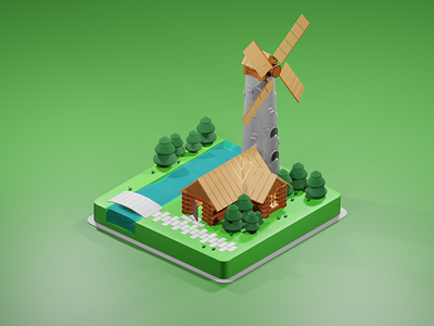 Low-Poly 3D windmill and a wooden house modeling