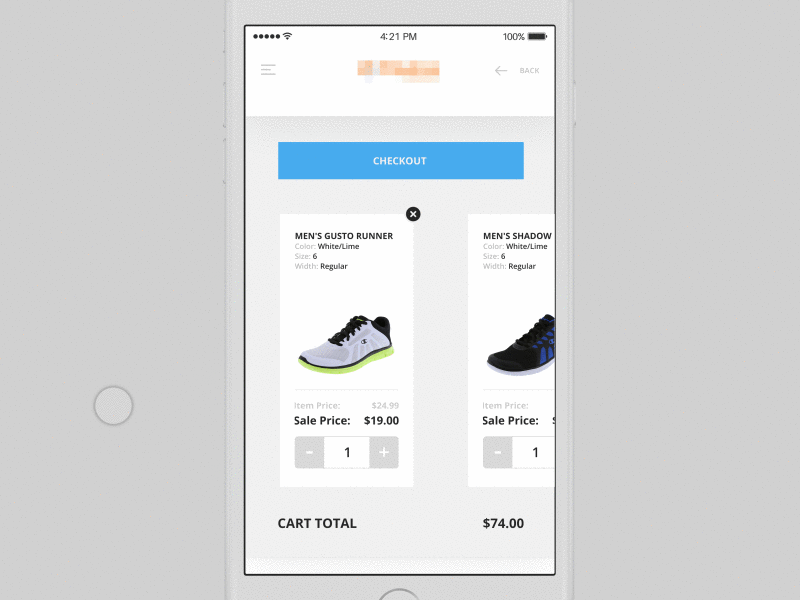 Horizontal Cart app design cart checkout design e com mobile shopping ui ux