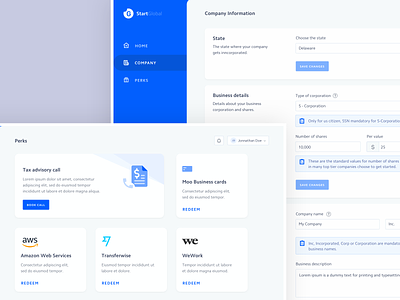 Company details and Perks app cards clean company dashboard design edit home icon minimal perks typography ui ux vector vlockn web