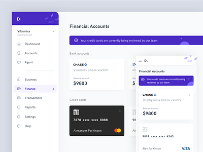 Financial accounts dashboard accounts app card clean company credit dashboard design finance menu minimal money settings transactions typography ui ux vlockn web
