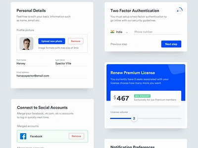 Settings - Component Elements animation cards components forms notification preferences pricing profile settings social accounts two factor authentication ui