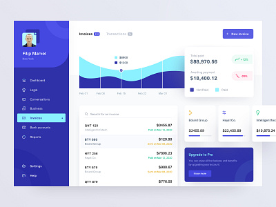 Invoice page for fintech app app app design blue clean dashboard design flat invoice minimal money payments profile transactions ui ux web web app web design website