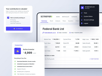 Screener Redesign company components finance investors mobile premium pricing redesign screener stocks ui ux