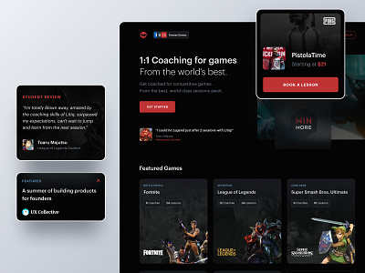 Metafy Landing Page app coaching courses dark mode esports featured fortnte game hero landing page league of legends lesson metafy pubg super smash bros testimonial ui ux web website