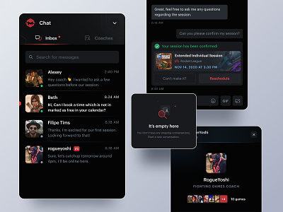 Coach Messaging app chat coaching dark mode esports game learning list messages messaging metafy mobile ui ux