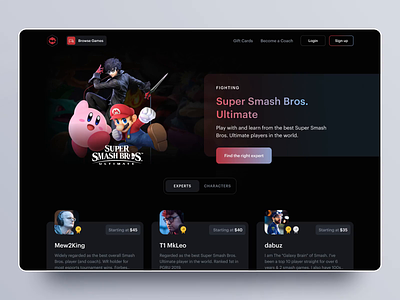 Game Page 2.0 achievements animation coaching esports experts game metafy super smash bros ui ux