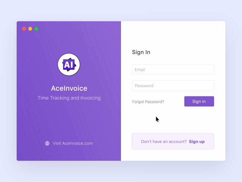 AceInvoice Login and Sign up aceinvoice animation app bigbinary clean clean design design interaction invoice login logo minimal motion onboarding purple sign up typography ui ux vlockn