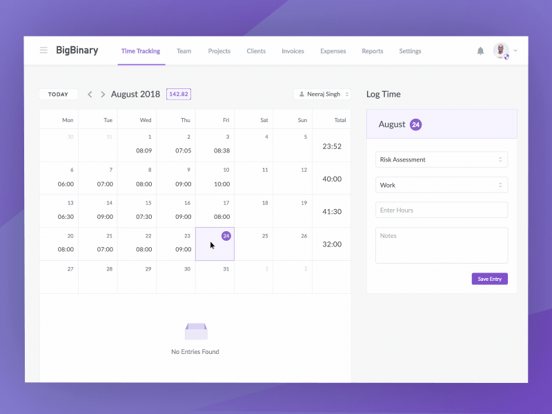 Calendar and Log Time Interactions aceinvoice animation app calendar design icon log logo time typography ux web