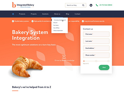Integrated Bakery homepage bakery contact cta form homepage navigation search submenu usp