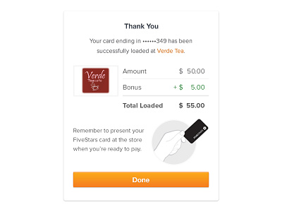 User Load Confirmation confirmation giftcard load modal prepay receipt thankyou