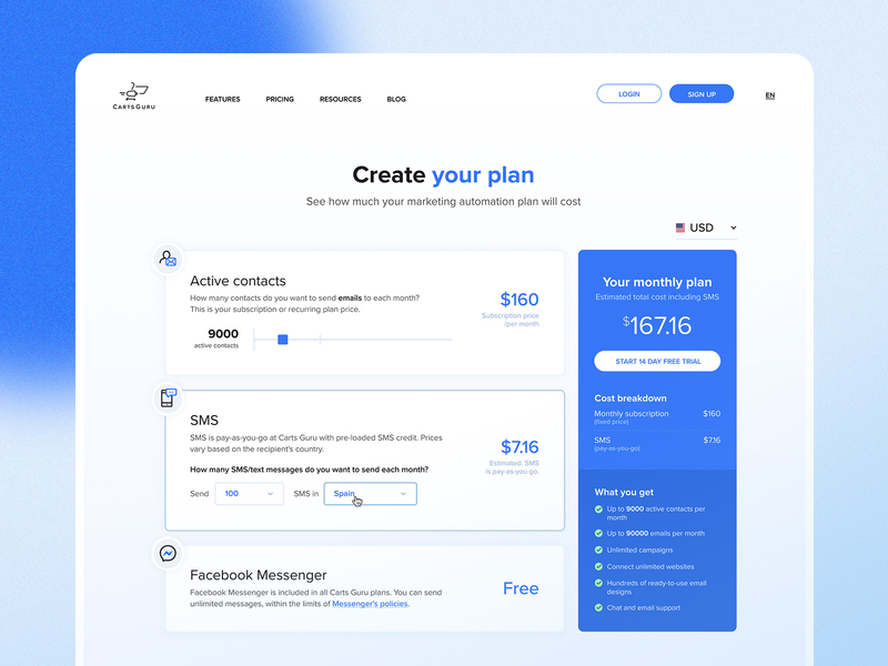 Carts Guru | Pricing page automation blue calculate desktop icons marketing mobile plan pricing saas slider software startup