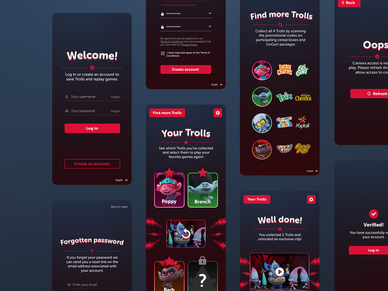 Trolls 2 AR Games | More screens account settings collect page create account delete account faq reset password