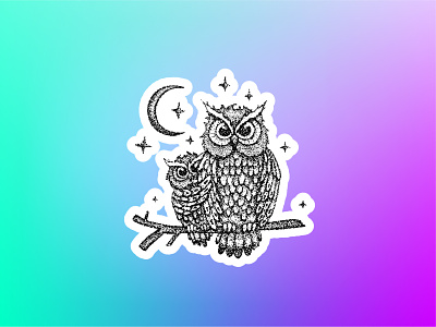 Sticker Mule Holographic Playoff bird doodle dotwork holographic illustration moon night owl owlet sketch star sticker stickermule tattoo vector