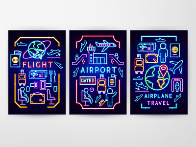 Airport Neon Posters air ticket airplane airport design electric flight fly flyer glow icon illustration lamp led neon plane poster terminal transport travel vector