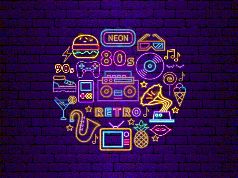 Retro Neon 80s 90s after effects animation bright burger electric glow icon illustration led led lamp motion motion graphics muisc neon retro sneakers vector vintage