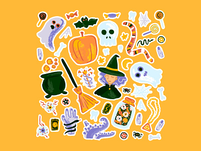 Halloween Stickers cartoon cauldron doodle ghost greeting halloween happy halloween holiday illustration label october 31 pumpkin sketch skull spider sticker vector witch