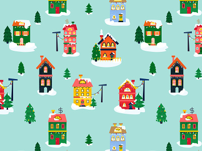 Winter Houses Seamless Pattern background celebrate christmas christmas tree december decoration greeting holiday home house illustration merry christmas pattern seamless seasonal snow texture vector winter wrapping paper