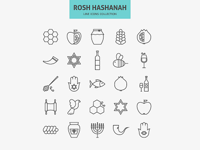 Jewish New Year Holiday Line Icons Set