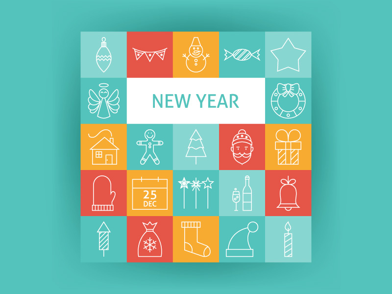 Happy New Year Line Art Icons web icon santa claus gift new year merry christmas decoration snowman christmas holiday winter outline line