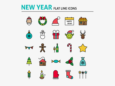 Happy New Year Colorful Flat Line Icons Set christmas flat icon line merry new outline santa set vector winter year