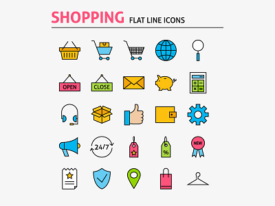 Online Shopping Colorful Flat Line Icons Set buy commerce e commerce icon line online purchase retail set shopping vector web