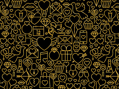 Valentine`s Day Gold Black Line Art Seamless Pattern