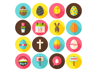 Happy Easter Flat Circle Icons With Long Shadow bunny chicken easter egg egg hunt happy easter holiday icon rabbit spring tulip vector