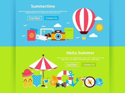 Summer Time Flat Web Banners air balloon banner header ocean sea summer swim ticket travel vacation vector website