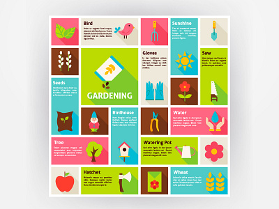 Gardening Flat Infographics birdhouse flat garden infographics outdoor poster season secateur seeds tree vector watering pot