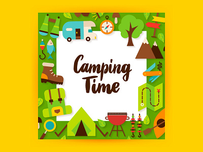 Camping Flat Concept adventure camp camping hiking illustration mountain nature summer camp tent tourism trailer travel vector