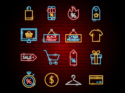 Black Friday Neon Icons black friday cart cyber monday discount hot sale icon illustration line market neon outline sale shop shopping shopping bag vector