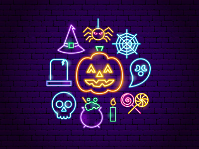 Halloween Neon Concept ghost halloween happy halloween holiday illustration jack o lantern line neon october scary skull spider trick or treat vector witch