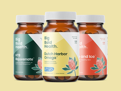 Big Bold Health Packaging branding design green health illustration packaging pink protea supplements vector wellness yellow