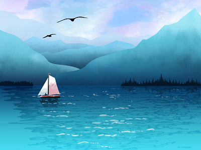 Landscape with boat boat design graphic design illustration landscape mountains nature ocean sea ship water