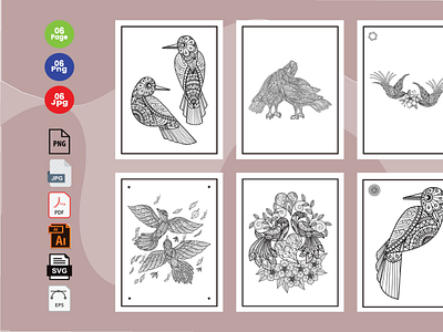 6 Bird Coloring Book Pages KDP Interior. design icon illustration typography