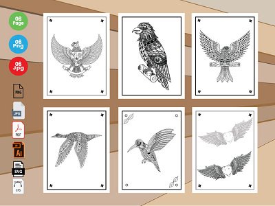 6 Bird Coloring Book Pages KDP Interior. coloring illustration