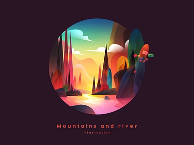 Mountains and river app branding colour adventure flower forest gradient illustration icon illustration landscape logo mobile mountains product design river scenery ui ux web web flat