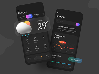 Weather App branding chart dark mode data visualization design flat gradient icon logo mobile product design typography ui ux weather app web