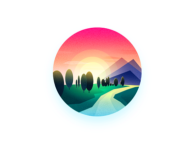 Scenery dusk flat grass illustrations landscape mountain nature river scenery sun trees ui