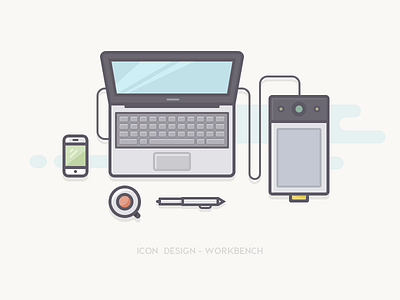 Workbench Icons board coffee computer ui flat line digital hand painted icon office leisure ios laptop mobile pen phone plate