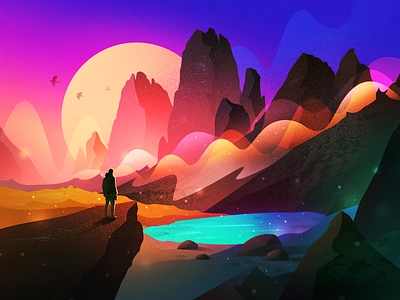 Scenery Illustration animation adventure gradient app logo branding sea colour moonlight illustration forest lake landscape flat mountain ui scenery cartoon theme icon weather tree web