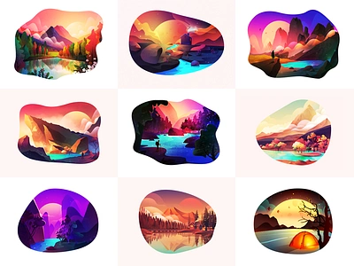 Illustrations Collection flat cloud scenery flower branding illustrations forest lake adventure landscape gradient logo mountain icon river colour theme web ui weather cloud